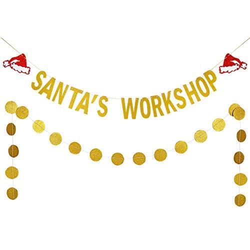 Gold Glitter Santa's Workshop Banner Santas Workshop Sign Banner Santas Workshop Christmas Banner for Santa's Christmas Holiday Party Decorations