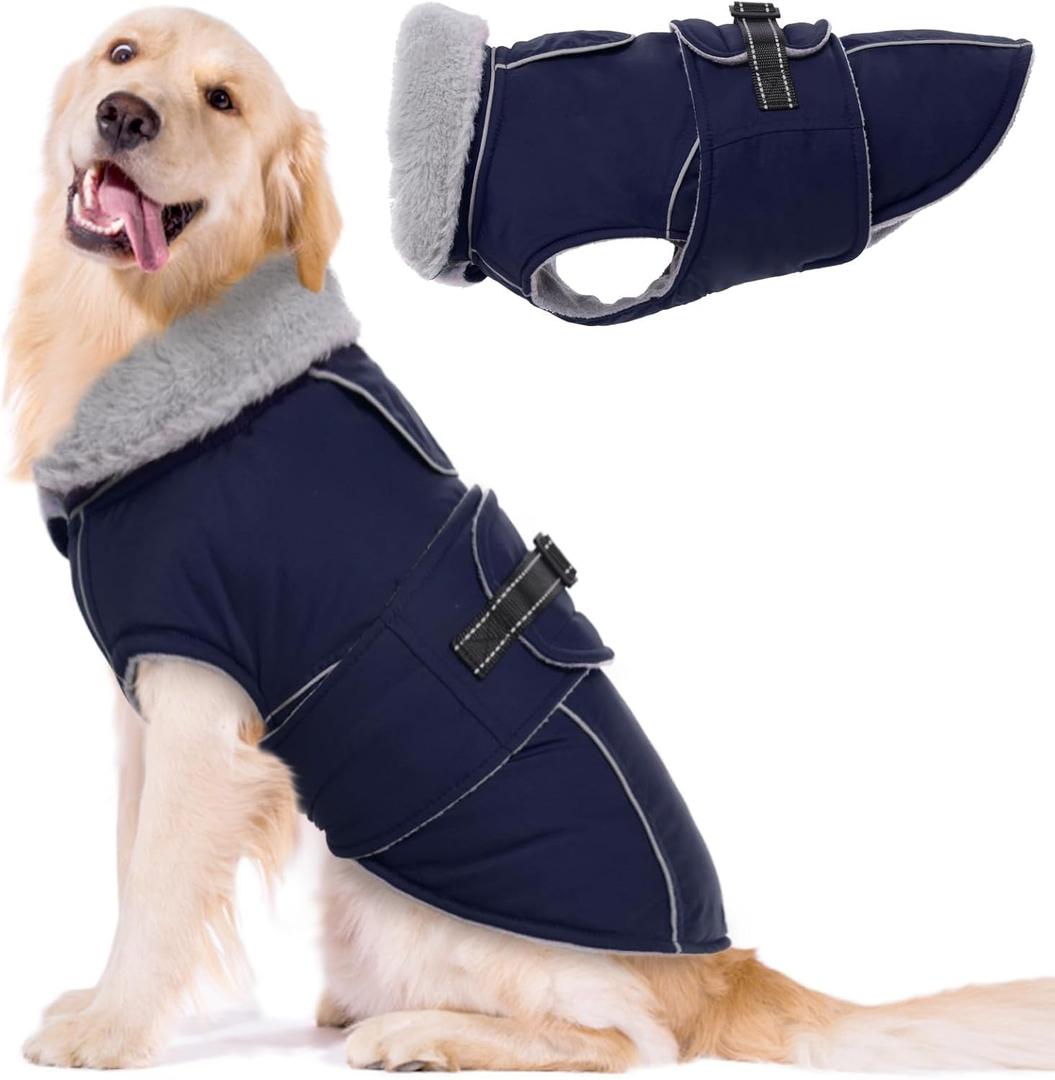 Lelepet Warm Dog Coat Waterproof Dog Jacket for Extra Large Dogs Reflective Fleece Vest with Adjustable Buckle Hook & Loop Windproof Cold Weather Coats for Small Medium Large Dogs, Navy Blue, XXXL (3XL)