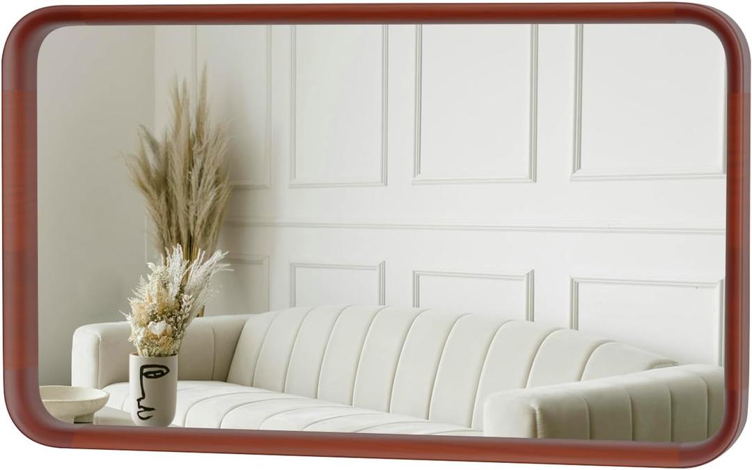 48"x 28" Wood Mirror, Rectangle Wall Mirror, Deep Wood Frame Vanity Mirror for Wall, Rounded Corner Farmhouse Rustic Decorative Mirror for Bathroom Bedroom Livingroom Entryway Walnut Color