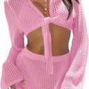 Fisoew Womens Crochet Swimsuit Coverups 2 Piece Bathing Suit Cover Up Long Sleeve Tie Front Crop Top Mini Skirt Sets (Pink)