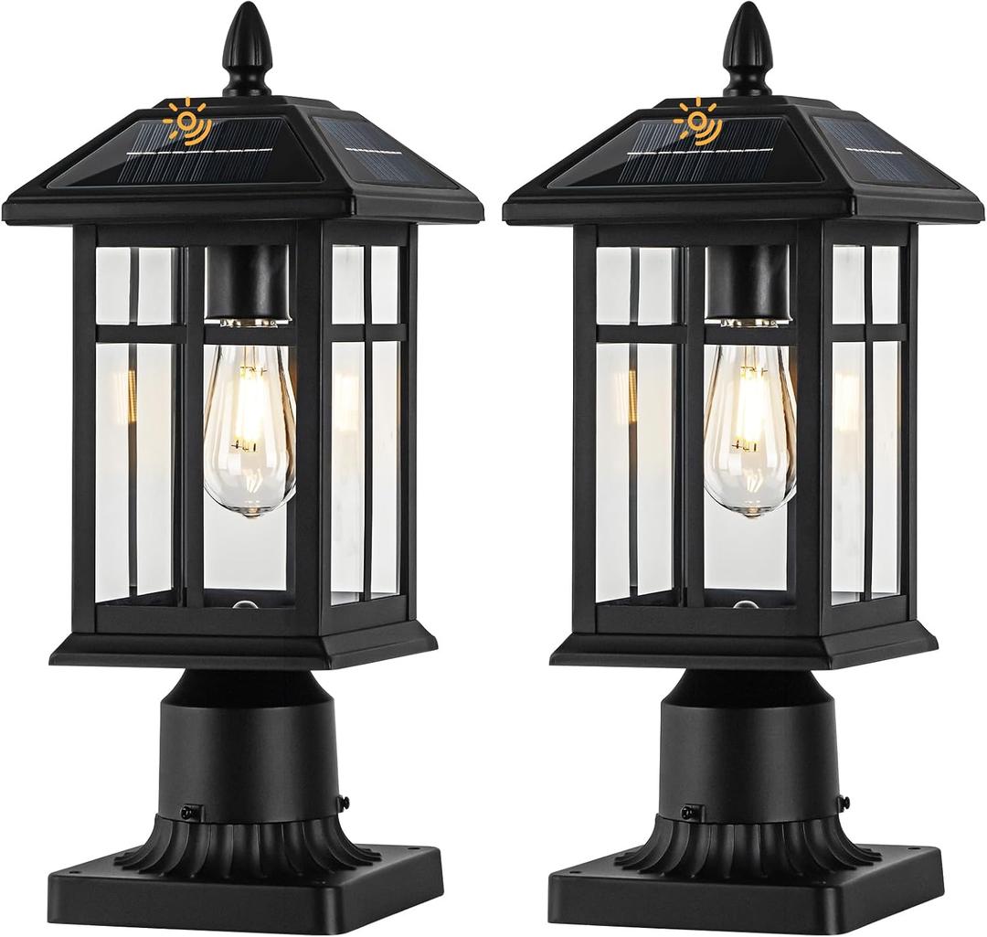Brilvibera Solar Post Lights 2 Packs, Waterproof Post Lantern with Pier Mount Base, Aluminum Post Lamp Warm White Bulb Included for Yard Garden Pillar Pole Pathway