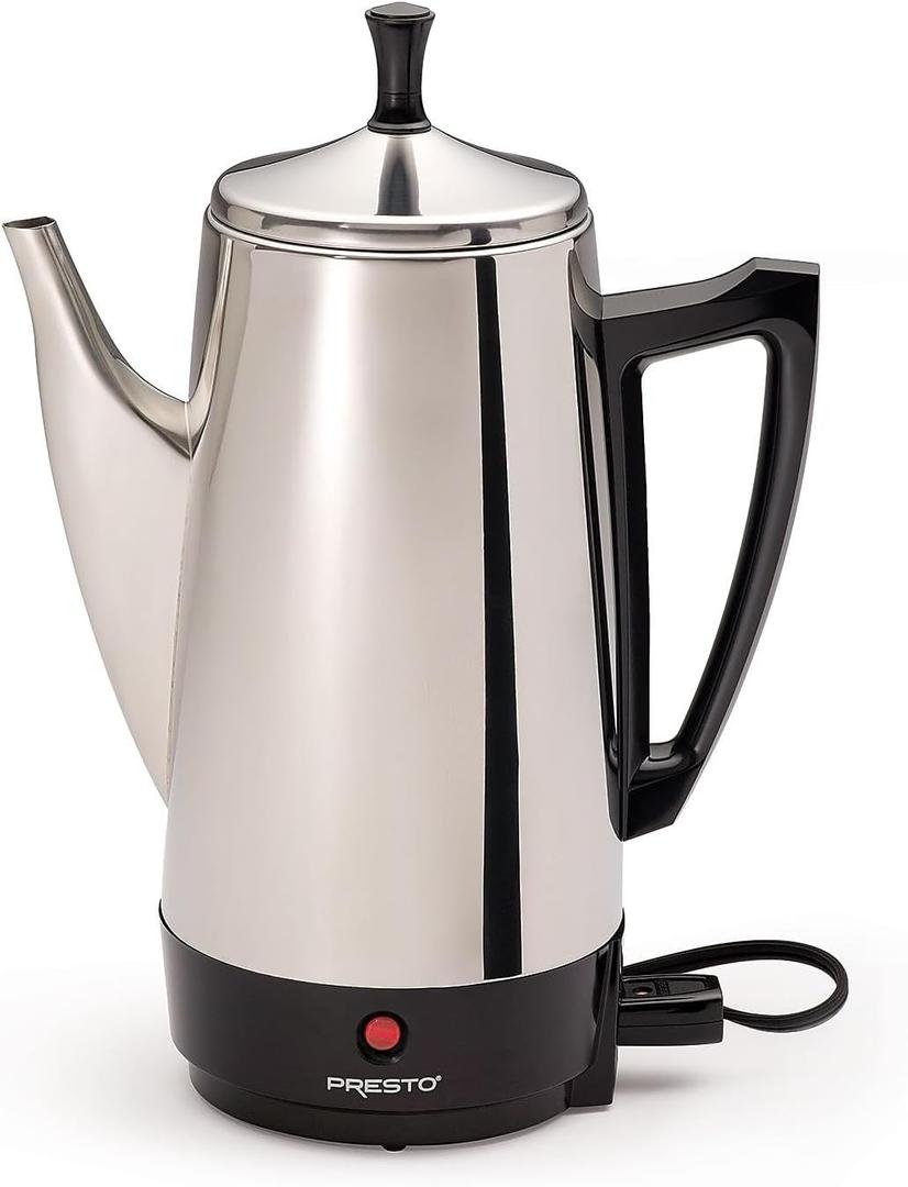 Presto 02811 Stainless Steel Electric Coffee Percolator - 12-Cups, Easy-Pour Spout, Stay-Cool Handle, Make 2-12 Cups (Silver)