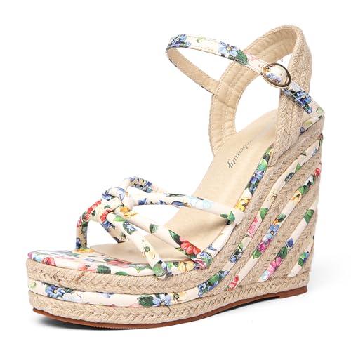 getmorebeauty Women's Espadrille Wedge Sandals Flower Pattern Ankle Strap Open Toe Platform High Heel Sandals Dress Shoes (Beige US8)