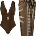 SherryDC One Piece Swimsuit with Cover up Wrap Skirt Sarong Floral Print Plunge V Neck Bathing Suit for Women (Medium, 151-brown)