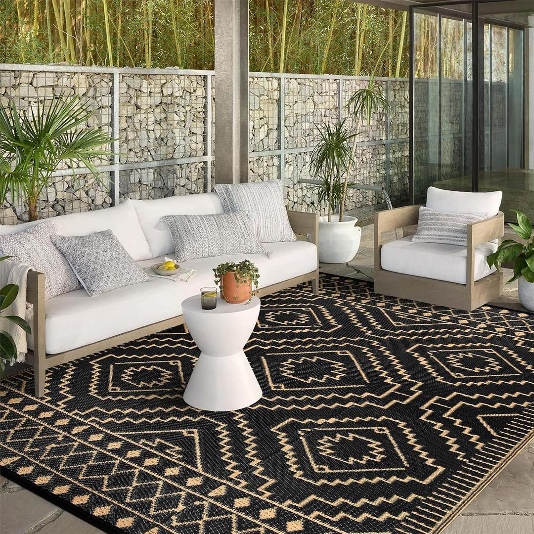 Wonnitar 8x10 Outdoor Rug, Large Waterproof Reversible Outdoor Patio Area Rug, Indoor/Outdoor Plastic Straw Portable Camping Rug for Outside RV Balcony Garden Deck (Black & Brown,8'x10')