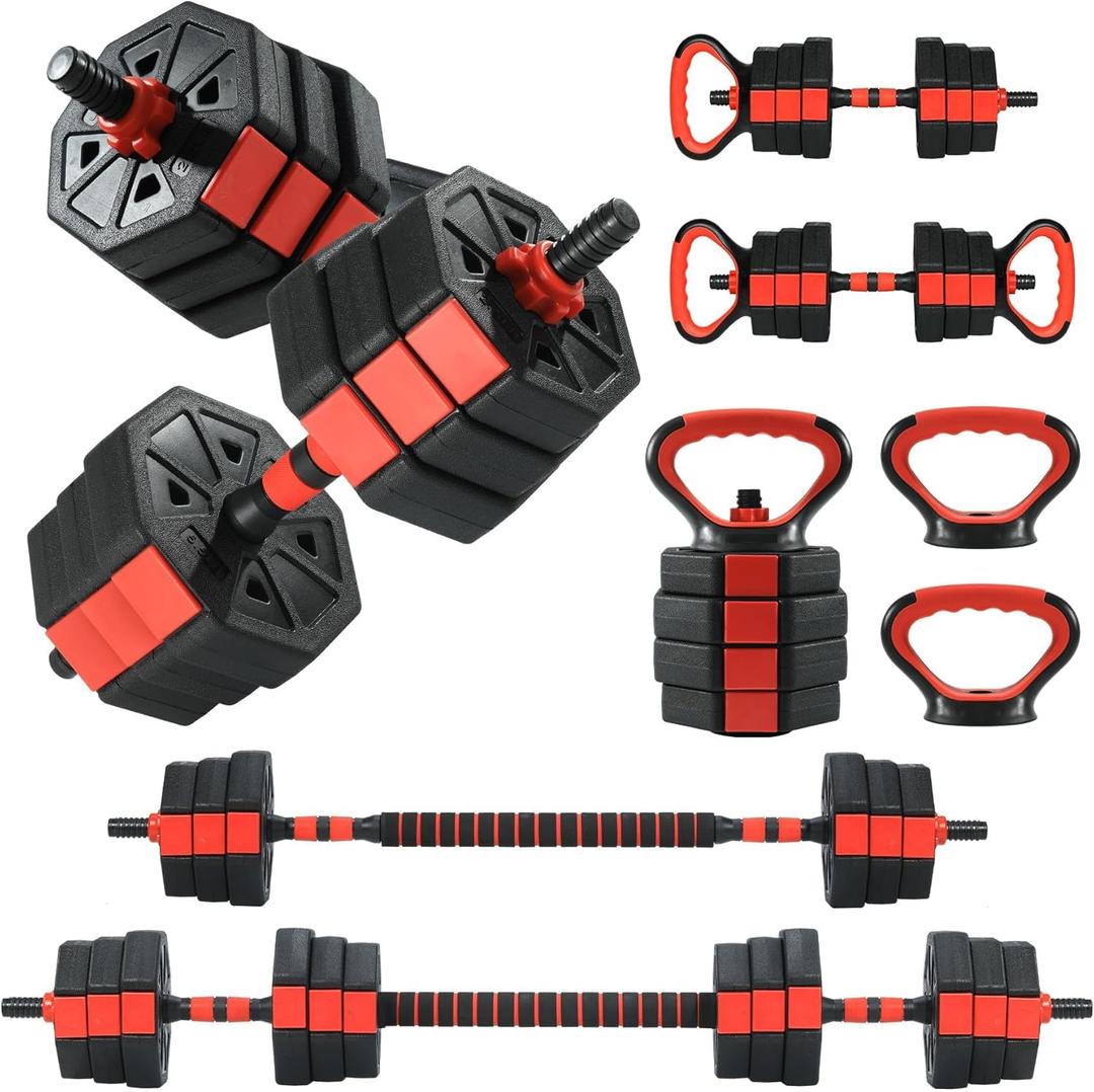 Adjustable Dumbbells, 44/66/88Lbs Free Weight Set with Connector, 4 In1 Weight Dumbbell Set Used As Kettlebells, Barbell, Push Up Stand, Fitness Exercise for Home Gym Suitable Men/Women (Black Red)