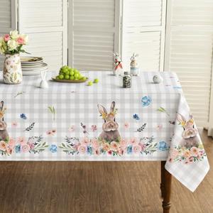 Horaldaily Easter Tablecloth 60x140 Inch Rectangular, Spring Flower Buffalo Plaid Bunny Table Cover for Party Picnic Dinner Decor