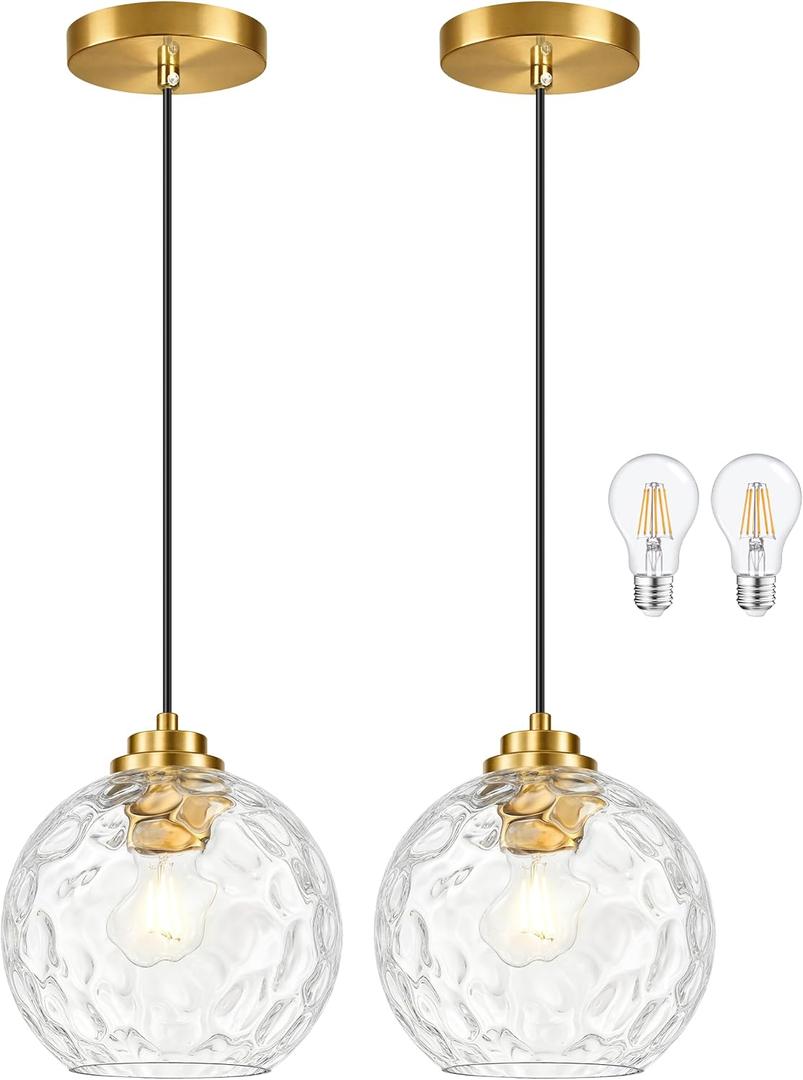 KoKo&Yukina 8" Modern Pendant Lights Kitchen Island Gold Mid Century Modern Pendant Light Fixtures with Clear Glass Globe 2 Pack Modern Hanging Pendant Light for Bathroom Dining Room （Bulb Incl.）