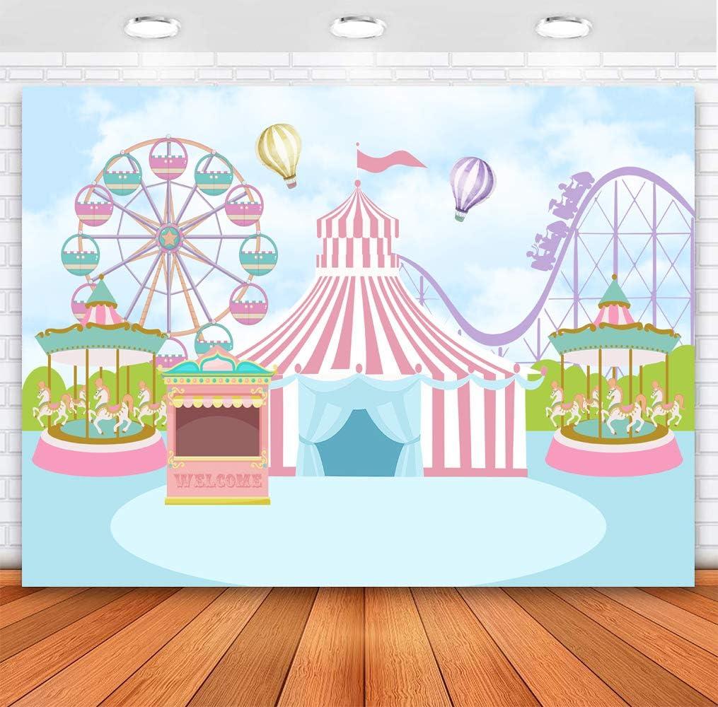 Sensfun Pink Circus Tent Birthday Backdrop Pastel Blue Carnival Carousel Photography Background Hot Air Balloon Princess Girl Newborn Baby Shower Decorations Photo Booth Banner 7x5ft