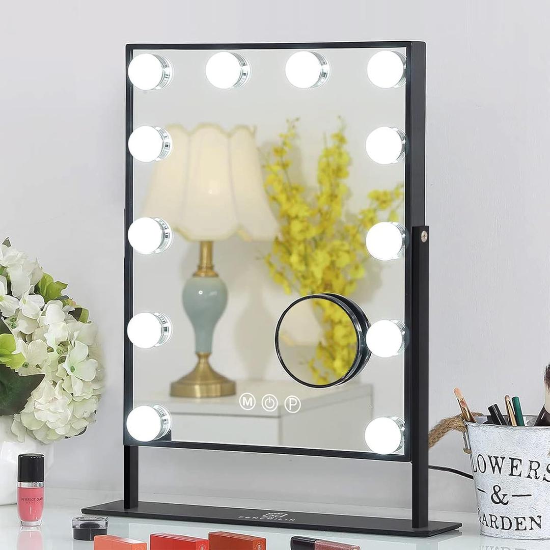 FENCHILIN Vanity Mirror with Lights, 19''x12'' Makeup Hollywood Mirror for Desk with 12 Bulbs Light Smart Touch Control 3 Colors Dimmable Detachable 10X Magnification Tabletop 360Rotation