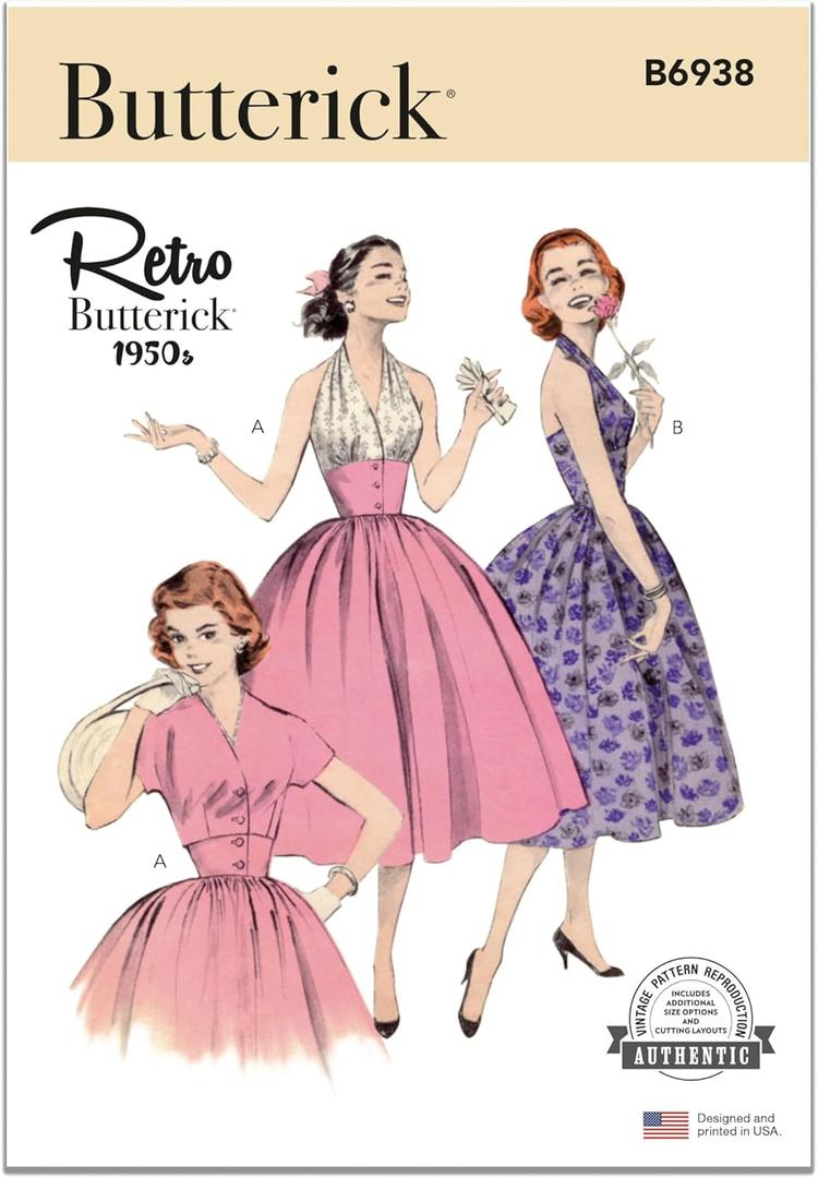 Butterick B6938A5 Misses' Vintage 1950's Halter Dress and Jacket Sewing Pattern Kit, Design Code B6938, Sizes 6-8-10-12-14