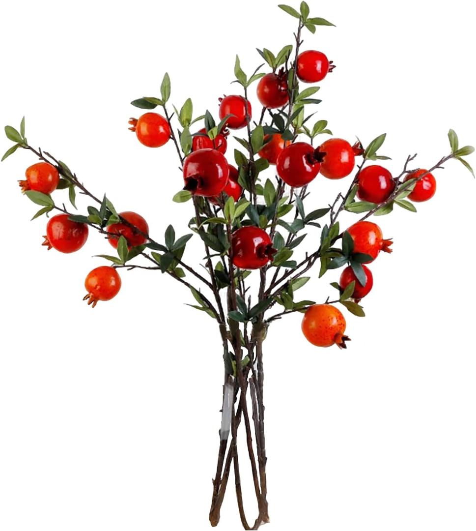 ACJRYO 3PCS 37" Artificial Pomegranate Branches with Realistic Berries & Leaves - Lifelike Fake Plant Stems for Vase, Home, Wedding, Party DecorRed