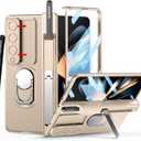 Compatible with Samsung Galaxy Z Fold 4 Case [Heavy Duty Protective][Camera Lens Cover][S Pen Holder & Hinge Protection][Screen Protector][Safe to Hold with Ring] Rugged Stand 5G 2022-Gold