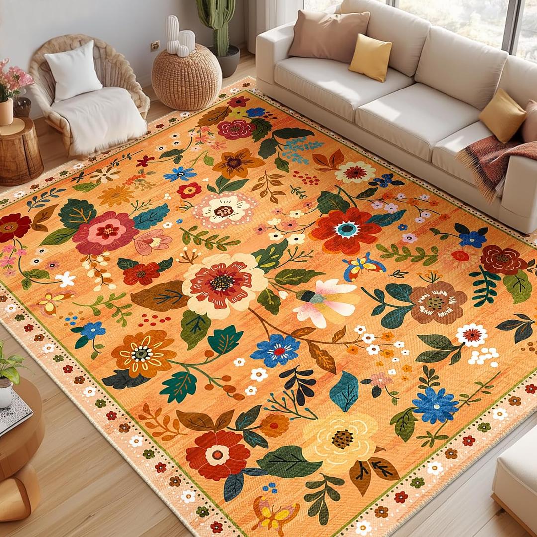 Floral 8x10 ft. Area Rug Machine Washable Soft Print Boho Carpet Non Slip Doormat Low Pile Flower Area Rugs for Living Room Bedroom Nursery Kitchen Dining Room Indoor-Yellow/Orange