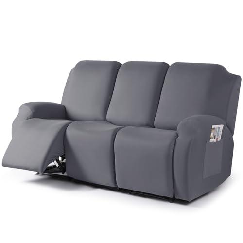TAOCOCO Stretch Recliner Sofa Covers 3 Pieces Couch Covers for 3 Seat Reclining Sofa, Soft Polyester Fabric Washable Furniture Protector Sofa Slipcovers with Pockets (3 Seat, Light Gray)