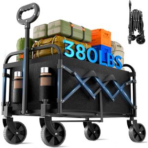 Collapsible Wagon 380 lbs, Heavy Duty Wagons Carts Foldable, Shopping Cart with All-Terrain Wheels & 2 Drink Holders, Weatherproof, Wagon Cart for Home, Outdoor,Beach,Camping, Sports, Black