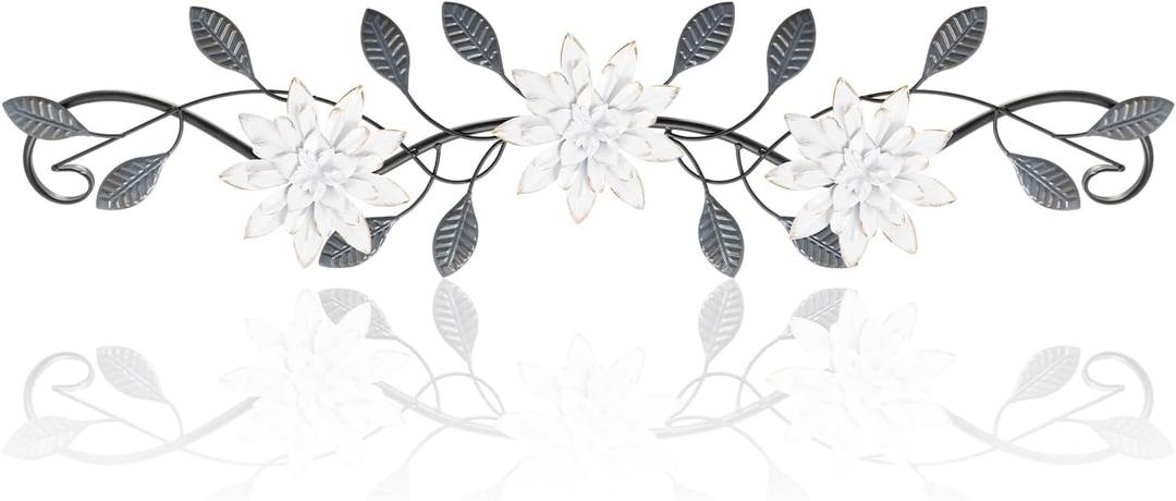 KHJCXS Metal Wall Art Modern Minimalist Metal Flowers Indoor Decor Horizontal Wall Art Iron Artwork,for Over Door,Bedroom,Living Room,Kitchen,Office Scroll Decor (White)