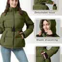Women's Winter Warm Puffer Jackets Slim Fit Water-Resistant Detachable Hooded with Belt (Green, XL)