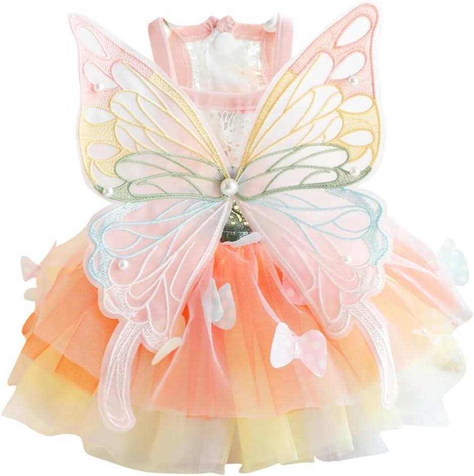 Rainbow Butterfly Dog Dresses for Small Dog Girl Puppy Lace Tutu Princess Dress Cat Outfit Pet Butterfly Costume for Kitten Chihuahua Yorkie Pomeranian (Pink, X-Large)