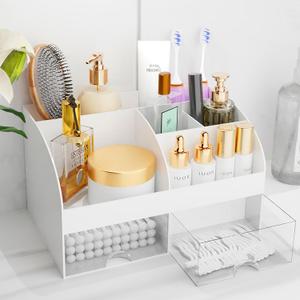 Makeup Organizer with Drawers, Cosmetic Storage for Dresser Vanity and Bathroom Countertop, Beauty Holder for Lipstick Brush, Skincare Organizer for Vanity, Cosmetic Display Case (White)