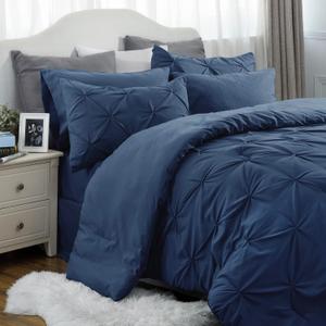 Bedsure California King Comforter Set Navy - Bed in a Bag California King Size 7 Pieces, GentleSoft Pintuck Bed Set Gift for Family, Pinch Pleat Navy Comforter with Sheets, Pillowcases & Shams