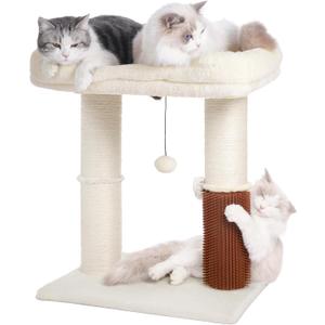 Cat Tree Tower for Large Cats Cat Scratching Post with Cat Self Groomer, 20x15.7 Wide Top Bed, Thick Scratch Post [Dia=4.5] and Danging Ball Great for Indoor Cats-Large Beige