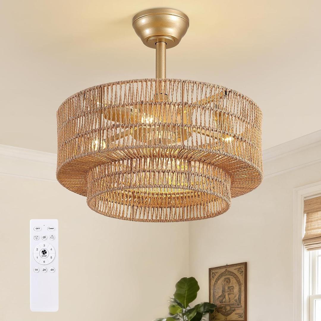 20" Boho Ceiling Fan Light and Remote, Rattan Ceiling Fan light Caged Fandelier with Lights Flush Mount, 6 Wind Speeds Enclosed Ceiling Fan for Bedroom, Living Room, Dining Room, 20in
