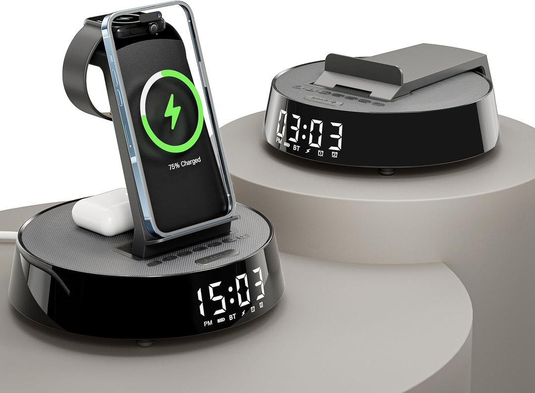 Alarm Clock with Wireless Charging Station, Clock for Bedroom with Night Light Bluetooth Speaker, Wireless Charger Dock Station for iPhone 17 16 15 14 13 12 Pro Max, Apple Watch 11, AirPods 3 (Black)