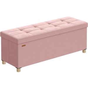 SONGMICS Storage Ottoman Bench, Folding Storage Chest, 15 x 43.3 x 15.7 Inches, Foot Rest Stool, 30 Gal. (112 L), Velvet Surface, for Bedroom, Entryway, Living Room, Jelly Pink ULSF0518R02