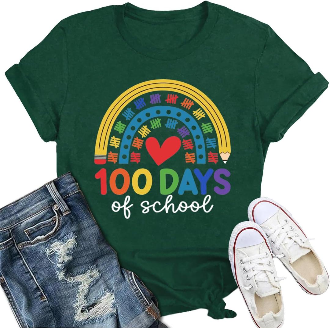 100 Days of School Shirts for Women Happy 100th Days Teacher Student T-Shirt Cute Rainbow Pencil Tee Tops (Small, Green)