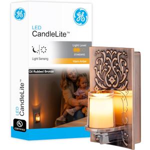 GE LED CandleLite Night Light, Plug-in, Dusk to Dawn Sensor, Flameless Candle, Sunset Light, Home Decor, LED Lights for Bedroom, Bathroom, Kitchen, Oil-Rubbed Bronze, 11258