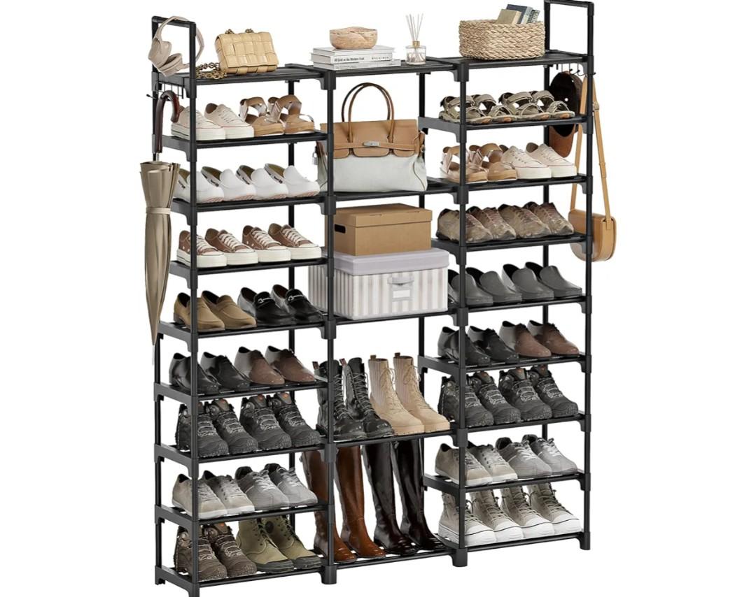 WOWLIVE 9 Tiers Large Shoe Rack Storage Organizer for Closet 50-55 Pairs Shoe Tower Unit Shelf Stackable Shoe Rack with Metal Pipes Plastic Connectors Black(SSS3B9)