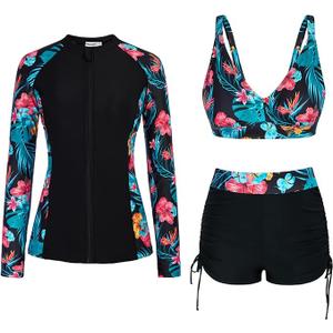 JASAMBAC Women 3 Piece Rash Guard Long Sleeve Zip Up Swimsuits with Boyshort UV UPF 50+ Swim Shirt Built in Bra (Medium, Black-blue Red Floral)
