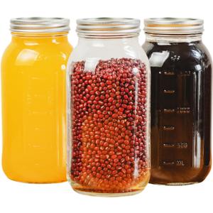 64 Oz Wide Mouth Mason Jars 3 Pack, Clear Glass Canning Jars with Metal Split Lids, Dual-Sided Measurement Marks, Large Glass Jars for Fermenting, Pickling, Food Storage & Kitchen Use