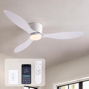 Ceiling Fans with Lights,52 Inch Low Profile Ceiling Fan with Wall Control and Remote Control,Dimmable,Flush Mount Ceiling Fan with Noiseless DC Reversible Motor for Bedroom Indoor Use (White)