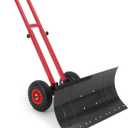 29x14 in Snow Shovel with 5-Position Angled Blade & Adjustable Handle, Heavy Duty Metal Snow Pusher Shovel with Wheels for Driveway, Doorway, Sidewalk, Pavement, Black & Red
