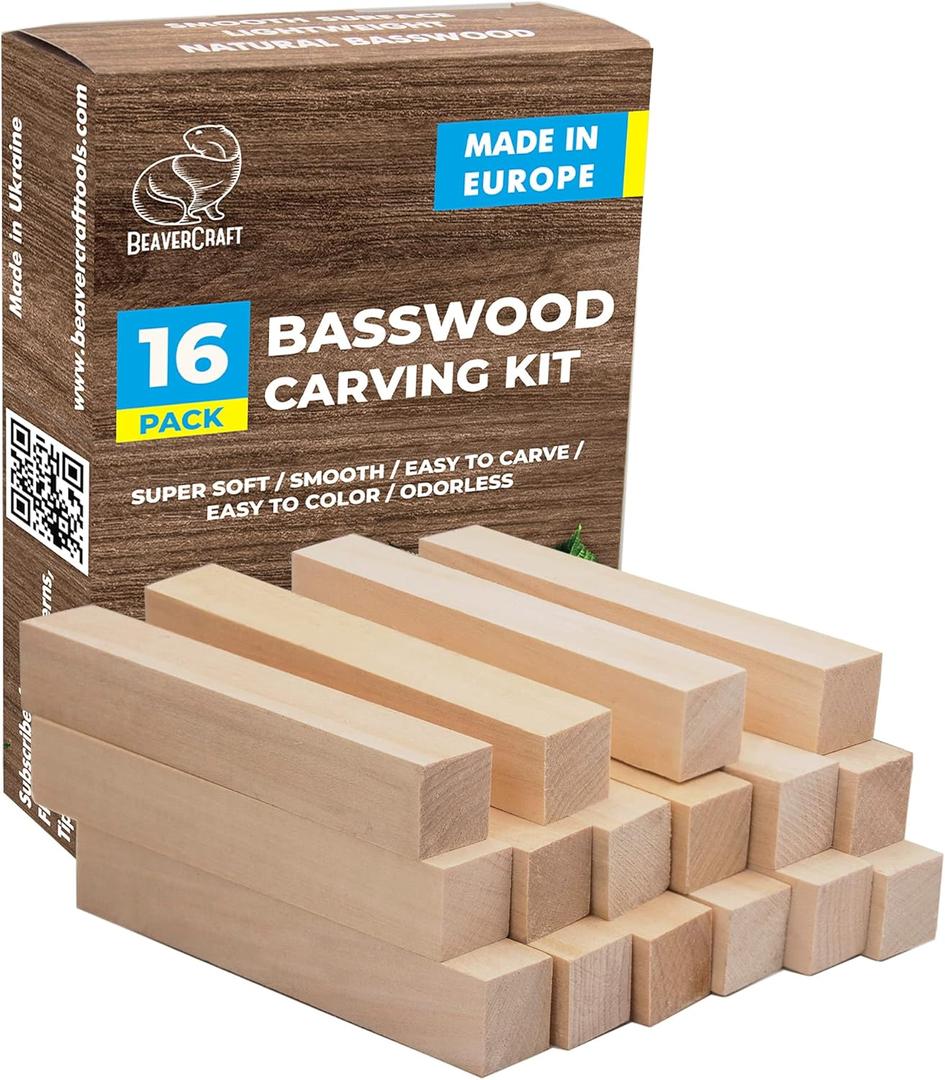 BeaverCraft Basswood Carving Blocks BW16 pcs - Soft Whittling Wood Carving Kit for Beginners - Unfinished Wooden Block Set - Basswood for Crafts