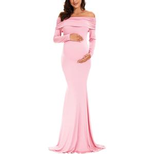 Glampunch Off Shoulders Maternity Dress Long Sleeve Ruched Maternity Gown Baby Shower Photography Pregnant Dress, Large, Pink