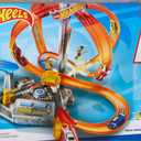 Hot Wheels Track Set Spin Storm, 3 Intersections for Crashing & Motorized Booster, 1:64 Scale Toy Car