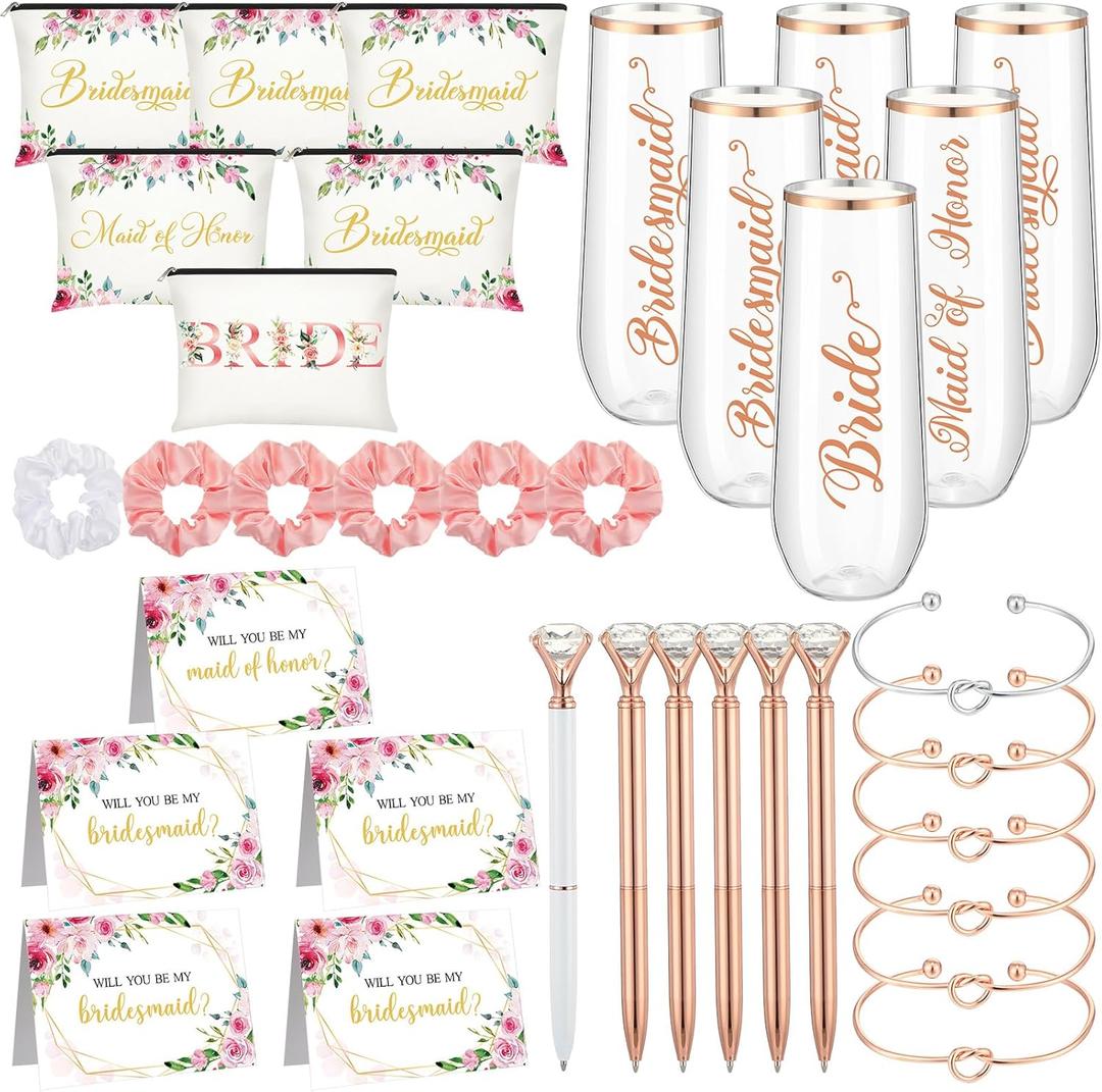 HyDren 35 Pcs Bridesmaid Proposal Gifts Maid of Honor Gift Include Champagne Flutes Makeup Bags Invited Cards Hair Scrunchies Bracelets Diamond Pens for Wedding Bachelorette, Cute Style, Pink 