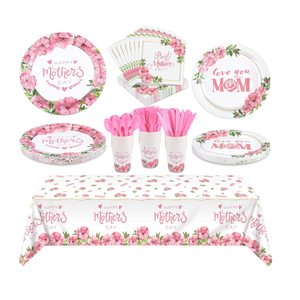durony Happy Mother's Day Party Supplies Tableware Set Serve 24 Guests Tablecloth Paper Plates Cups Napkins Utensils Disposable Dinnerware Favors Birthday Party Decorations for Mother's Day