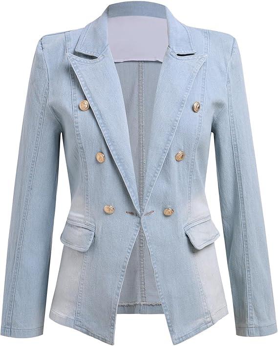 Denim Blazer Suit for Women Notch Collar One Button Office Lady Business Work Outfits Lapel Fall Winter Jean Jacket
(X-Large, Blue)