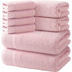 REDKISS Luxury 8-Piece Pink Towel Set, 2 Bath Towels, 2 Hand Towels, 4 Washcloths, 100% Cotton, Quick Dry, Highly Absorbent Towels for Bathroom, Gym, Hotel, Spa
