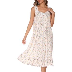 AVIIER Cotton Nightgowns for Women Sleeveless House Dress Ladies Long Nightdress with Pockets (White, L)