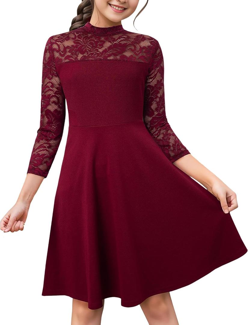 Kilottor Girl's Dress Elegant Floral Lace 3/ 4 Sleeve Wedding Party A Line Dress (Burgundy, 11-12 Years)