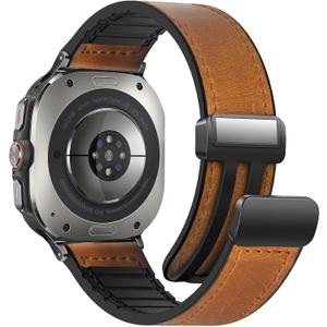 Magnetic Leather Watch Band Compatible with Samsung Galaxy Watch Ultra 47mm (2024) Magnetic Buckle Design Adjustable Classic Wristbands Accessories Replacement Straps for Men and Women (A3 Light Brown)