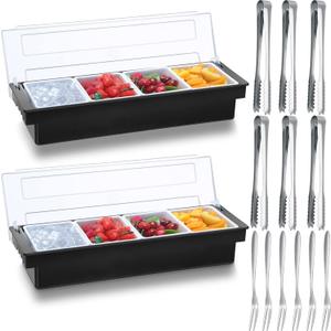 2 Ice Cooled Garnish Tray Deck Bar Garnish Caddy Condiment Containers with Lids and Removable Chilled Condiment Server with 6 Tongs and 6 Fruit Forks (4 Compartments)