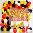 Red Yellow Birthday Party Decorations, Happy Birthday Banner, Red Yellow Fringe Curtain with Latex & Confetti Balloons, with Love, Star, Lightning Bolt Foil Balloons for Boy Girl Birthday Party