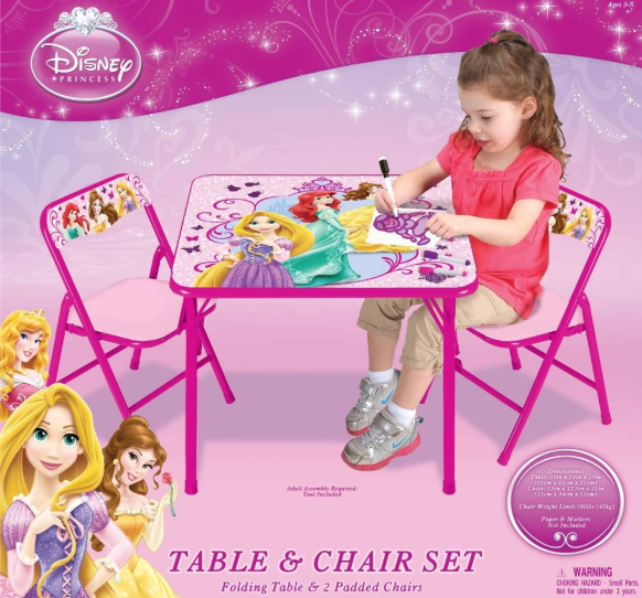 Disney Princess Girls Folding Table & Chairs Set for Kids and Toddlers 36 Months Up to 7 Years, Includes: 1 Table (36" L x 24" W x 20" H), 2 Chairs (13" L x 13.5" W x 21" H) Weight Limit: 70 lb