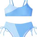 Girls Swimsuits Bikini Set 2 Pieces Color Block Bikini with Adjustable Shoulder Strap Girls Bathing Suit(9-10 Years, Blue-light)